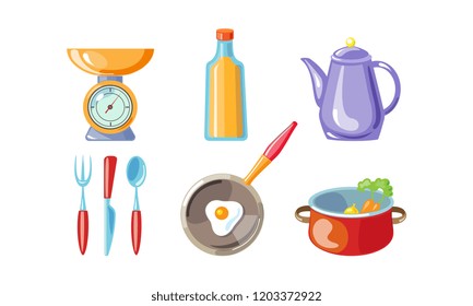 Kitchen utensil set, scales, bottle of oil, coffee pot, fork, knife, spoon, frying pan, vector Illustration on a white background