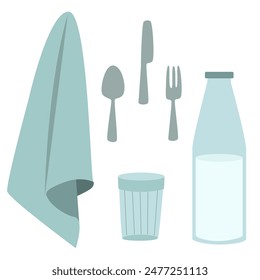 Kitchen utensil set. Towel, glass, fork, spoon, knife. Vector illustration of cutlery and dishes. Drawing of glass bottle with milk. Kitchen items for eating