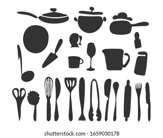 Kitchen utensil silhouette collection in vector format. Set kitchenware