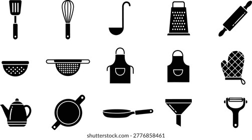 Kitchen utensil silhouette icons set with cooking tools tableware elements