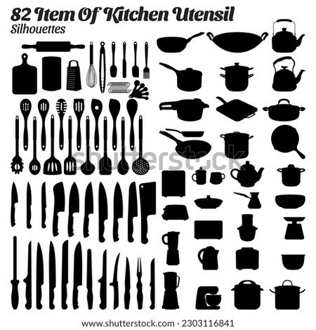 Kitchen utensil silhouette vector illustration set