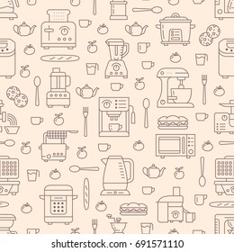 Kitchen utensil, small appliances beige seamless pattern with flat line icons. Background with household cooking tools - blender, mixer, food processor, coffee machine, microwave, toaster. 