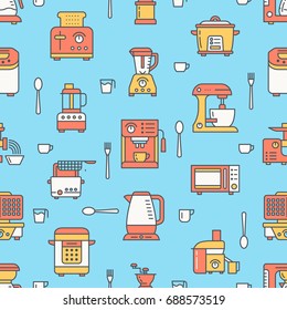 Kitchen utensil, small appliances colored seamless pattern flat line icons. Background with household cooking tools - blender, mixer, food processor, coffee machine, microwave, toaster. Electronics.