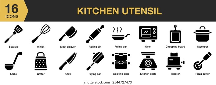 Kitchen Utensil solid icon set. Includes spatula, whisk, knife, pots, frying, pan, oven, toaster, and More. Solid icons vector collection.