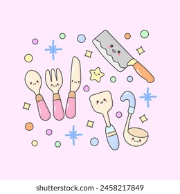 Kitchen Utensil spoon fork knife spatula with cute facial expressions and pastel colour