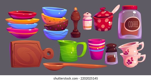 Kitchen utensil and supplies, isolated vector set of ceramic or clay cups, plates, glass coffee jar, salt, wooden spoon, pepper pot, seasonings, cutting board, sugar bowl, Cartoon illustration, icons