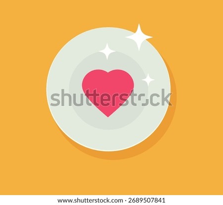 Kitchen utensil tableware cleaning love icon vector graphic illustration flat cartoon design, plate with heart as food meal like, dishware cookware rinse image clip art
