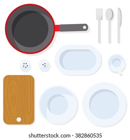 Kitchen utensil. Tableware. Empty plate with knife, spoon, fork, cup, salt, pepper, pan and cutting board. Top view illustration. Flat 