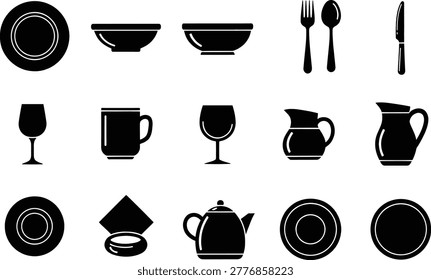 Kitchen utensil tableware silhouette icons set with plate cup cutlery cookware
