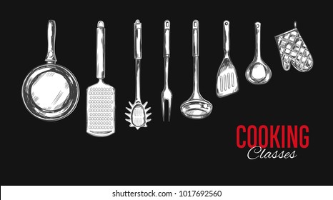 Kitchen utensil, tools set. Cooking collection. Vector hand drawn illustrations in sketch style.