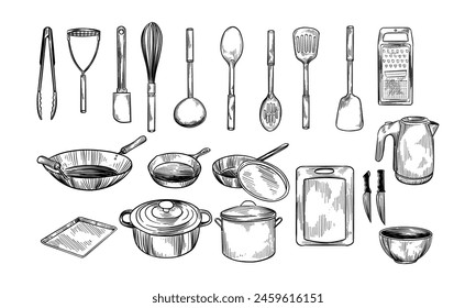 Küchenutensilien, Werkzeuge eingestellt. Kochen Kollektion. Vektorgrafik handgezeichnete Illustrationen im Skizzenstil. Isolierte Objekte auf weiß