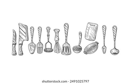 Kitchen utensil, tools set. Cooking collection. Vector hand drawn illustrations in sketch style. Isolated objects on white
