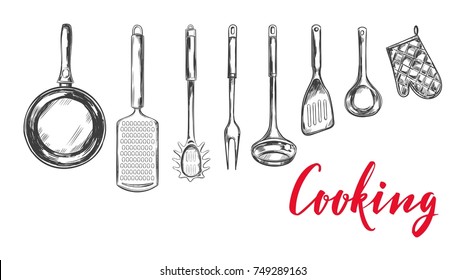 Utensil de cocina, conjunto de herramientas. Concepto de cocina. Ilustraciones dibujadas a mano vectorial en estilo boceto. Caligrafía moderna. 