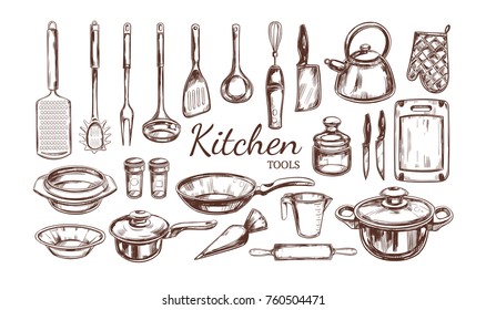 Utensil de cocina, conjunto de herramientas. Colección de cocina. Ilustraciones dibujadas a mano vectorial en estilo boceto. Objetos aislados en blanco