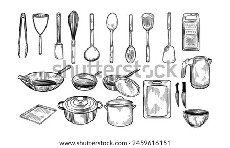 Kitchen utensil, tools set. Cooking collection. Vector hand drawn illustrations in sketch style. Isolated objects on white
