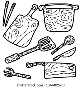kitchen utensil vector design with wood motif. various kinds of unique kitchen tools with vintage wood patterns