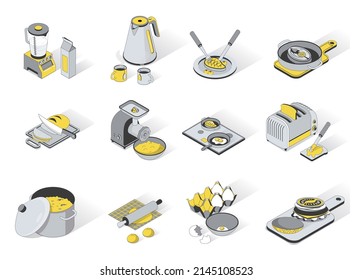 Kitchen utensils 3d isometric icons set. Pack elements of blender, kettle and cups, meal on plate, meat grinder, toaster, saucepan, bread on board. Vector illustration in modern isometry design