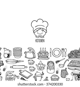 Kitchen utensils and appliance horizontal banner white and black vector. Background Kitchen.