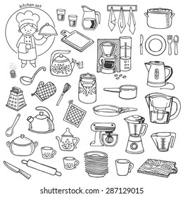 Kitchen utensils and appliance white and black vector icons set. Background Kitchen.