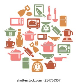 Kitchen Utensils and Appliances Icons in Circle Shape