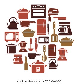 Kitchen Utensils and Appliances Icons in Circle Shape