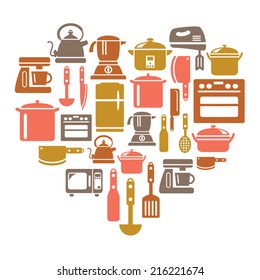 Kitchen Utensils and Appliances Icons in Heart Shape