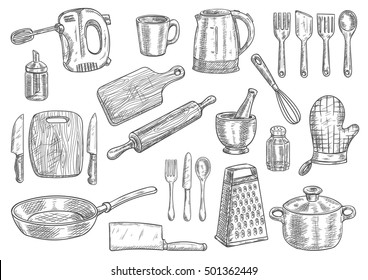 Kitchen utensils and appliances isolated sketches. Cooking pot, knife, fork, frying pan, spoon, cup, spatula, electric kettle, hand mixer, cutting board, whisk, rolling pin and grater