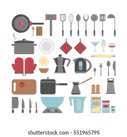 Kitchen utensils and appliances on white background. Gloves, knives, pot and more.