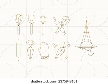 Kitchen utensils in art deco style to prepare bakery products whisk, spatula, measuring spoon, rolling pin, pastry bag, potholder, dish drawing on beige background