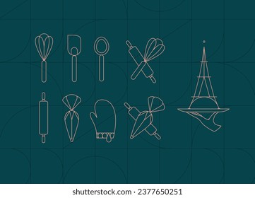 Kitchen utensils in art deco style to prepare bakery products whisk, spatula, measuring spoon, rolling pin, pastry bag, potholder, dish drawing on dark turquoise background