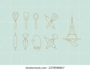 Kitchen utensils in art deco style to prepare bakery products whisk, spatula, measuring spoon, rolling pin, pastry bag, potholder, dish drawing on turquoise background