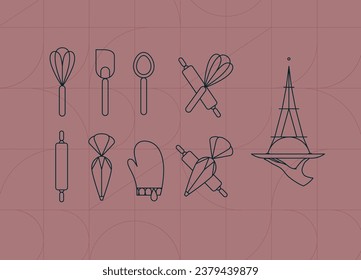 Kitchen utensils in art deco style to prepare bakery products whisk, spatula, measuring spoon, rolling pin, pastry bag, potholder, dish drawing on coral background