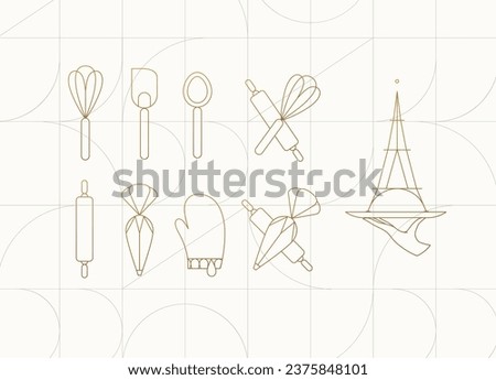 Kitchen utensils in art deco style to prepare bakery products whisk, spatula, measuring spoon, rolling pin, pastry bag, potholder, dish drawing on beige background