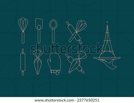 Kitchen utensils in art deco style to prepare bakery products whisk, spatula, measuring spoon, rolling pin, pastry bag, potholder, dish drawing on dark turquoise background