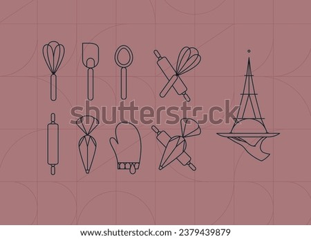 Kitchen utensils in art deco style to prepare bakery products whisk, spatula, measuring spoon, rolling pin, pastry bag, potholder, dish drawing on coral background