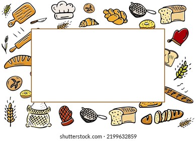 Kitchen utensils background. Bakery backdrop drawing with your text here. Vector templates for bakehouse packaging in trendy line style. Bread house