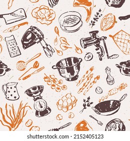 Kitchen utensils background, cookbook seamless pattern, culinary tools and supplies, illustration for recipe book backgrounds, cards, posters, banners, textile prints, web design