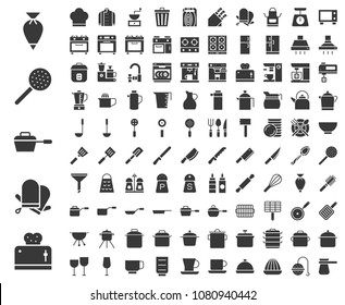 Kitchen utensils, bakery equipments, chef uniform and home appliance 100 icons, drawing on grid system, solid icon