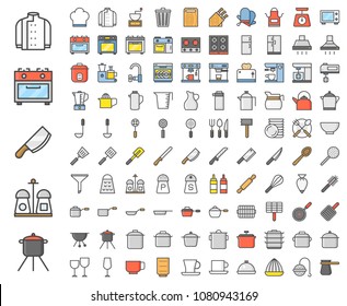 Kitchen utensils, bakery equipments, chef uniform and home appliance 100 icons, drawing on grid system, filled outline icon