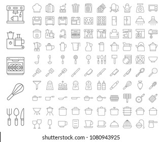 Kitchen utensils, bakery equipments, chef uniform and home appliance 100 icons, drawing on grid system, thin line icon set