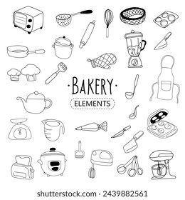 Kitchen utensils and bakery tools doodle. Hand drawn vector illustration.