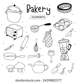 Kitchen utensils and bakery tools doodle. Hand drawn vector illustration.