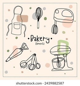 Kitchen utensils and bakery tools doodle. Hand drawn vector illustration.