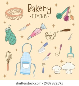 Kitchen utensils and bakery tools doodle. Hand drawn vector illustration.