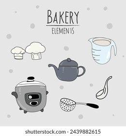 Kitchen utensils and bakery tools doodle. Hand drawn vector illustration.