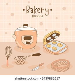 Kitchen utensils and bakery tools doodle. Hand drawn vector illustration.
