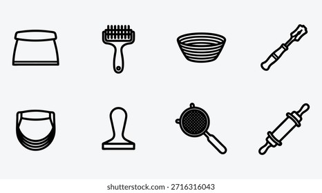 Utensilios de cocina y herramientas para hornear Iconos de contorno para el arte culinario