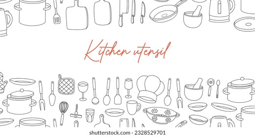 Pancarta de utensilios de cocina. Cocina y fondo horizontal de cubiertos. Herramientas de cocina, electrodomésticos, utensilios de cocina y utensilios. Ilustración vectorial.