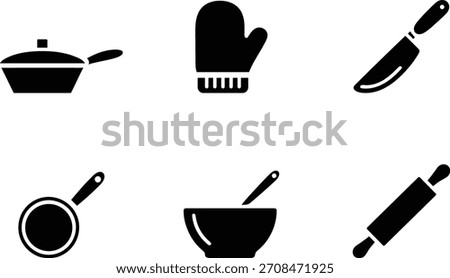Kitchen Utensils Black Silhouette Set Cookware and Baking Tools Isolated Design