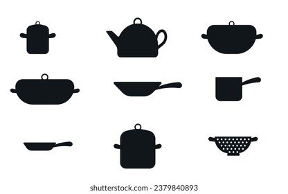 Kitchen utensils, black silhouettes of dishes, household appliances. Utensils for cooking. Vector illustration, icons.